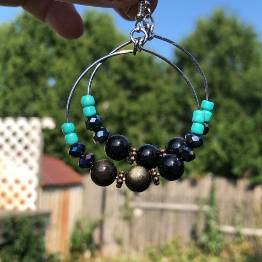 Wire Wrapped Gold Sheen Obsidian Gemstone Hoop Earrings - Picture 4 of 14